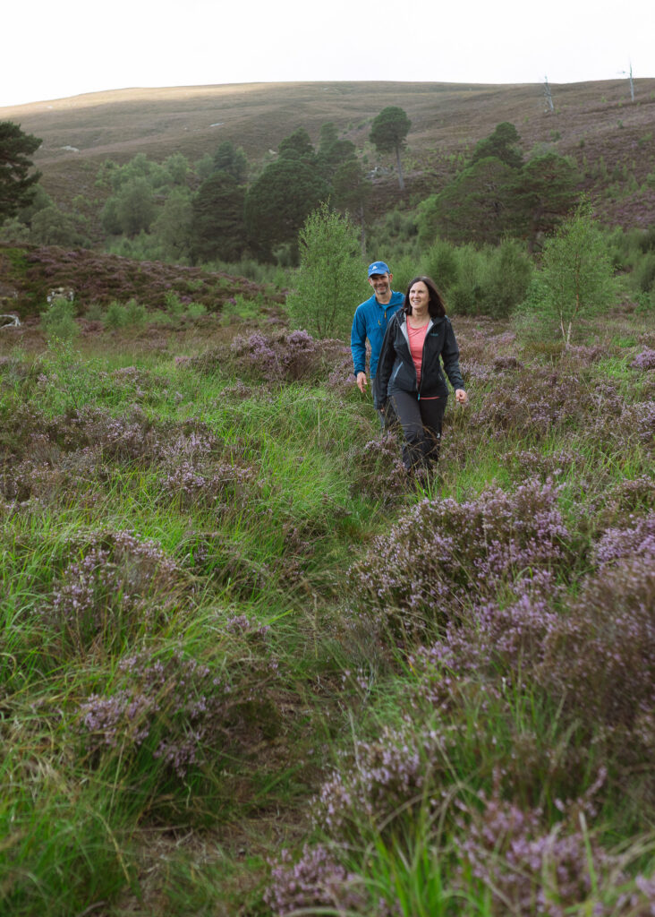 Cinematic couples photoshoot in the Cairngorms mountains during heather season